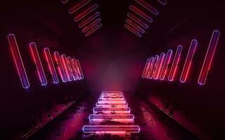Dark tunnel with glowing neon lines, 3d rendering. photo