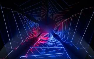 Dark tunnel with glowing neon lines, 3d rendering. photo