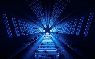 Dark tunnel with glowing neon lines, 3d rendering. photo