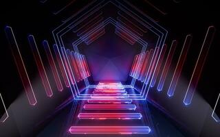 Dark tunnel with glowing neon lines, 3d rendering. photo