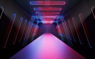 Dark tunnel with glowing neon lines, 3d rendering. photo