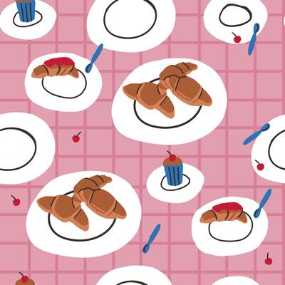 Paris restaurant tablecloth seamless pattern. Croissants pattern on pink in hand drawn style