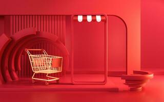 Shopping cart with geometric background, 3d rendering. photo