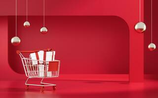 Shopping cart with geometric background, 3d rendering. photo