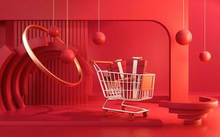 Shopping cart with geometric background, 3d rendering. photo