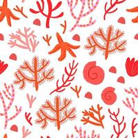 Cute vector seamless pattern with red corals on white background. Coral reef, shells, star fish.