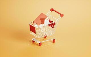 Shopping cart with house inside, 3d rendering. photo