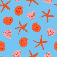 Vector seamless pattern with red seashells on light blue background. Simple ocean pattern with seashells. Sea star, shell, starfish