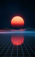 digital espacio y puesta de sol con retro estilo, 3d representación. foto