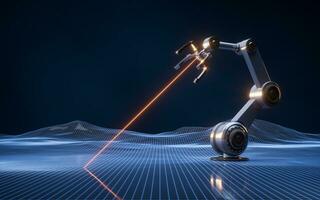 Mechanical arm and digital grid space, 3d rendering. photo