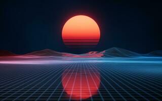 Digital space and sunset with retro style, 3d rendering. photo