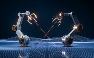 Mechanical arm and digital grid space, 3d rendering. photo