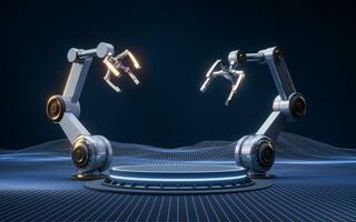 Mechanical arm and digital grid space, 3d rendering. photo
