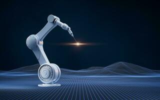 Mechanical arm and digital grid space, 3d rendering. photo