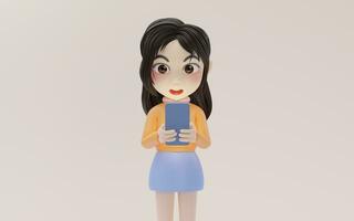 pequeño niña utilizando móvil teléfono con dibujos animados estilo, 3d representación. foto