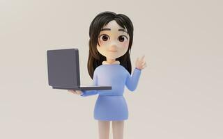 Little girl working with laptop with cartoon style, 3d rendering. photo