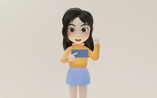 Little girl using mobile phone with cartoon style, 3d rendering. photo