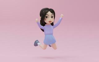 pequeño niña saltando emocionado con dibujos animados estilo, 3d representación. foto