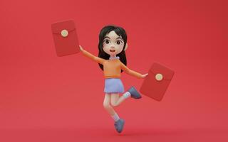Little girl holding red package with cartoon style, 3d rendering. photo