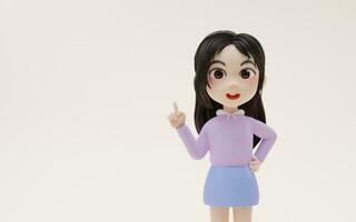 pequeño niña señalando su dedo con dibujos animados estilo, 3d representación. foto