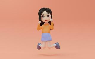 Little girl jumping excitedly with cartoon style, 3d rendering. photo