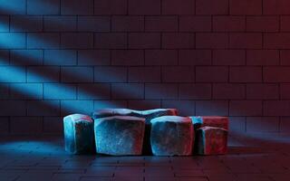 Rough stones with dark neon lighting interior scene, 3d rendering. photo