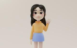 pequeño niña saludo con dibujos animados estilo, 3d representación. foto