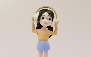Little girl listening to music with cartoon style, 3d rendering. photo