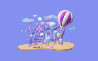 Cartoon hot air balloon with underwater plant scene, 3d rendering. photo