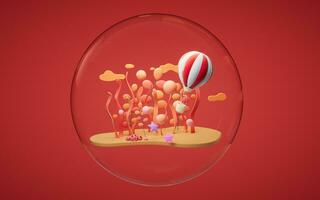 Cartoon hot air balloon with underwater plant scene, 3d rendering. photo