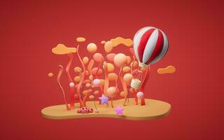 Cartoon hot air balloon with underwater plant scene, 3d rendering. photo