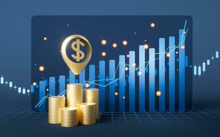 Golden coin with growing financial graph, 3d rendering. photo