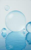 Transparent bubbles with water surface, 3d rendering. photo