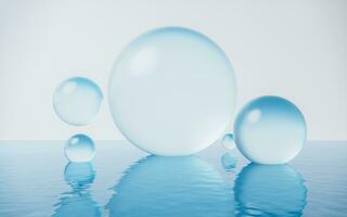 Transparent bubbles with water surface, 3d rendering. photo