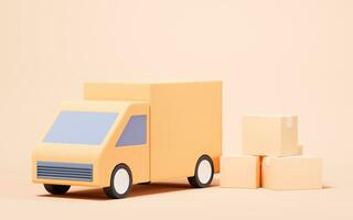 camión y carga caja con dibujos animados estilo, 3d representación. foto