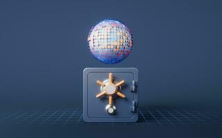 Safe box with digital sphere background, 3d rendering. photo