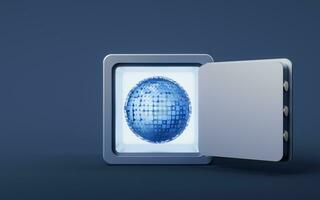 Safe box with digital sphere background, 3d rendering. photo