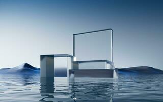 Transparent glass stage with water background, 3d rendering. photo