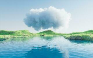 verde pradera y lagos con nube flotante, 3d representación. foto