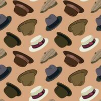 Vector seamless pattern with retro man's hats on beige background. Vector collection of vintage hats of 1930-s. Fedora, derby, boater, homburg, cap, walker