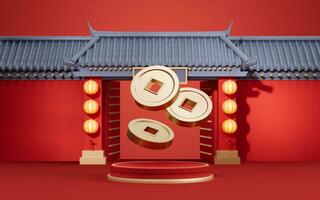 Golden coins with Chinese ancient building background, 3d rendering. photo