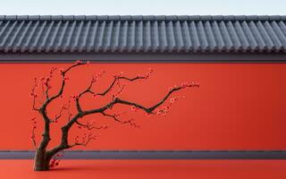 ciruela florecer con chino antiguo muro, 3d representación. foto