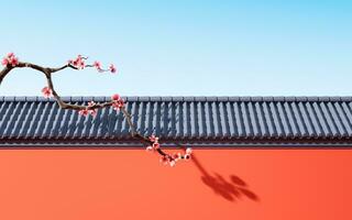 Plum blossom with Chinese ancient wall, 3d rendering. photo