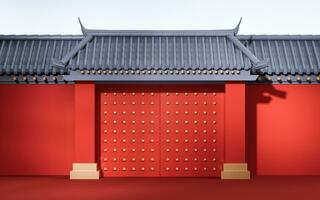 chino antiguo puerta, tradicional arquitectura, 3d representación. foto