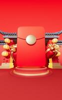 rojo paquete con chino antiguo edificio fondo, 3d representación. foto