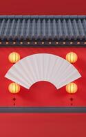 Chinese folding fan with ancient wall background, 3d rendering. photo