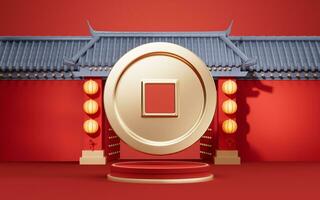Golden coins with Chinese ancient building background, 3d rendering. photo