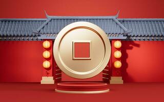 Golden coins with Chinese ancient building background, 3d rendering. photo