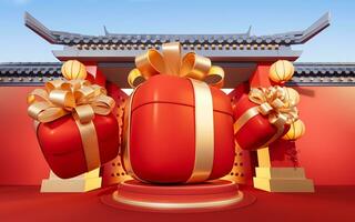 Gift box with Chinese ancient building background, 3d rendering. photo