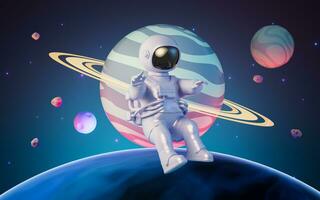 Cartoon spaceman with outer space background, 3d rendering. photo